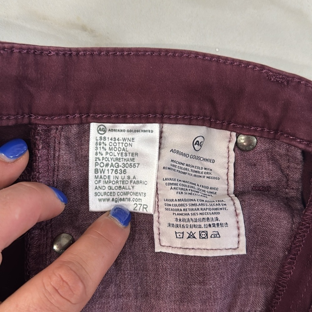 Ag Adriano Goldschmied Prima Mid Rise Cigarette Pants in Wine. Sz 27 - Picture 9 of 9